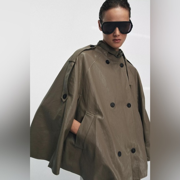 ZARA ZW COLLECTION FAUX LEATHER CAPE JACKET - Picture 5 of 11